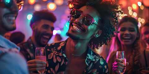 Joyful man in vibrant attire dancing at a lively party with colorful lights A man wearing sunglasses and dancing with his hands raised in the air.