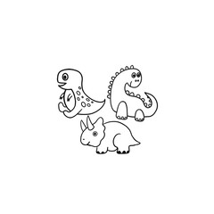Cute funny three coloring  dinosaurs baby outlines. Baby triceratops, baby Tyrannosaurus,  baby brachiosaurus.  predatory dinosaurs babies.