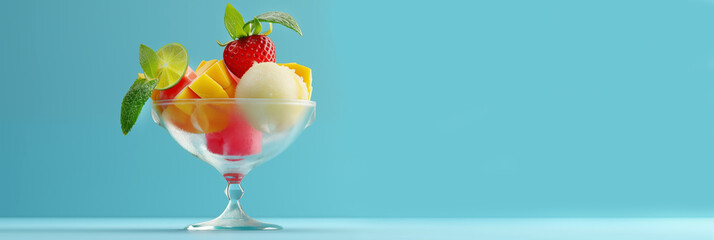 Colorful fruit dessert with scoop of ice cream, mango, strawberry, and lime in glass bowl on...