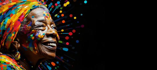 Happy senior black woman with colourful confetti on black background with copy space.