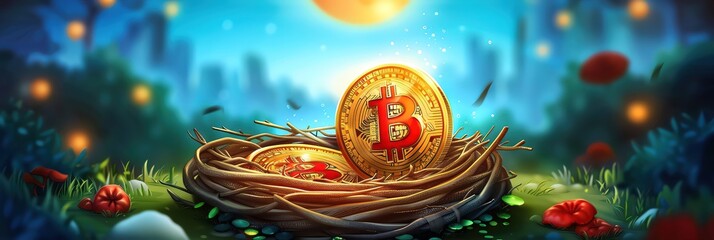 A Bitcoin bird builds a nest out of precious coins, its tiny beak carefully weaving together a home of digital wealth - obrazy, fototapety, plakaty