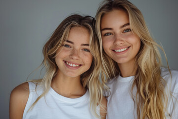 Blonde women wearing white t-shirt smile having a good time together