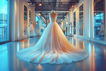 Stunning contemporary bridal dress stands out in a modern showroom, wedding preparation and planning - obrazy, fototapety, plakaty