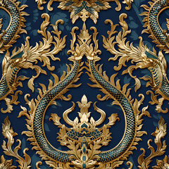 A gold and blue dragon with intricate designs and patterns. The dragon is surrounded by flowers and leaves, giving the impression of a luxurious and ornate piece of art. Generative AI
