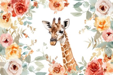 A beautiful giraffe surrounded by colorful flowers and leaves. Perfect for nature-themed designs