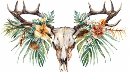 Watercolor painting of a deer skull adorned with colorful flowers. Suitable for nature and wildlife themed designs
