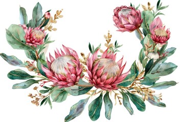 A beautiful wreath made of pink proteas and green leaves. Perfect for wedding invitations or floral themed designs