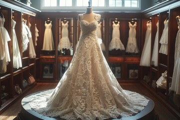 Beautiful classical wedding dress with intricate embroidery is showcased on a pedestal in a traditional bridal boutique - obrazy, fototapety, plakaty