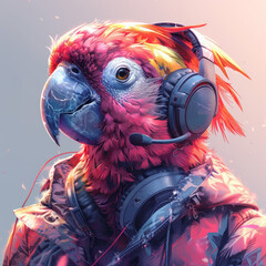 Naklejka premium a gamer with a tropical bird head, facing left, headphones,generative ai