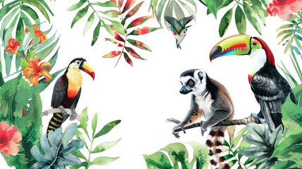 Fototapeta premium Colorful toucans perched on a tree branch. Suitable for nature and wildlife themes