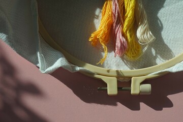 The embroidery hoop with canvas and bright sewing threads for embroidery thread