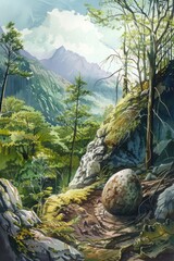 A serene painting of a mountain scene with rocks and trees. Suitable for nature and landscape themes