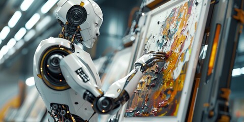 An ai robot is painting on a canvas. concept of future.