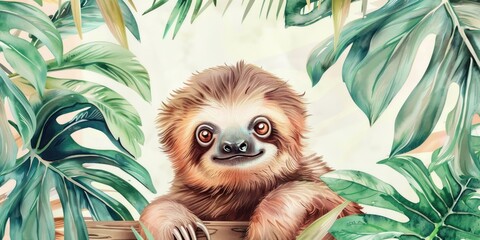 Naklejka premium A watercolor painting of a sloth in the jungle, perfect for nature lovers and wildlife enthusiasts