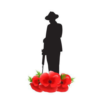 soldier silhouette holding rifle with red poppies clip art preview