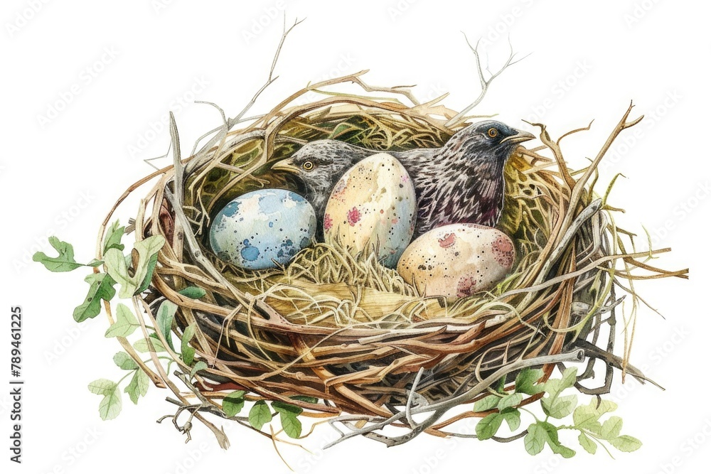 Poster a bird sitting in a nest with three eggs. suitable for nature and wildlife concepts