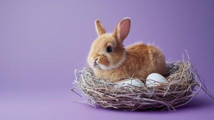 A small rabbit sitting in a nest with eggs. Perfect for Easter designs