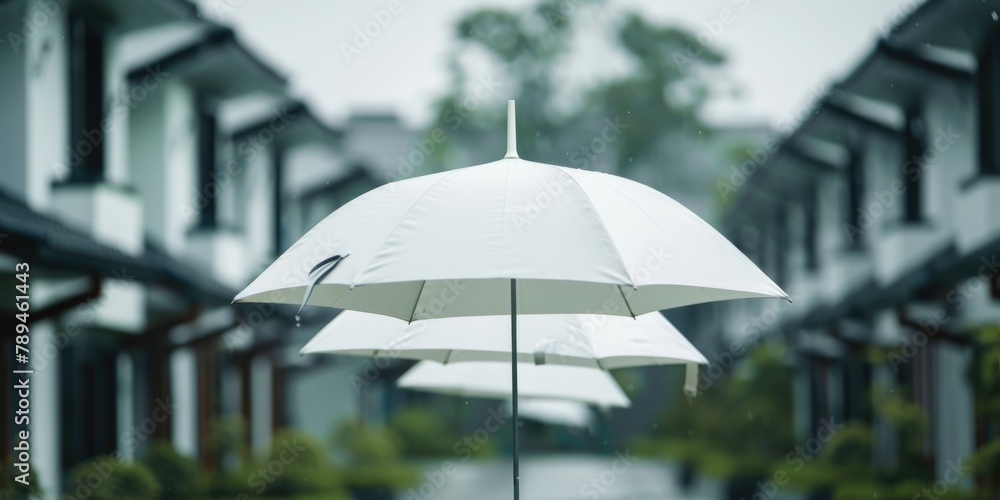 Poster row of white umbrellas in the rain. suitable for weather-related designs