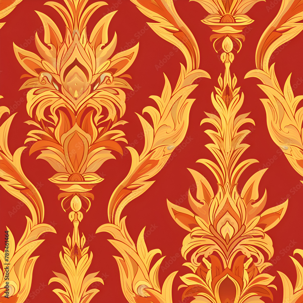 Aufkleber a red and gold floral patterned fabric with a yellow and orange hue. the design is ornate and intric