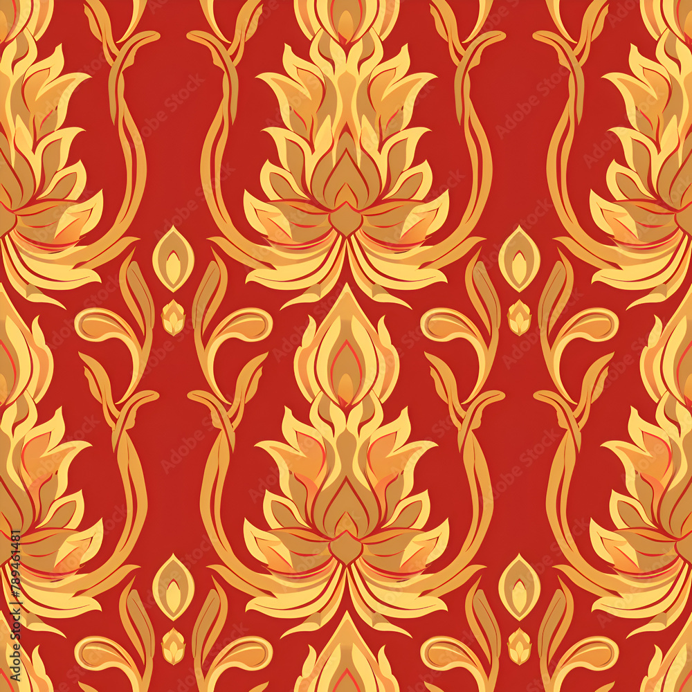 Aufkleber a red and gold floral patterned fabric with a yellow and orange hue. the design is ornate and intric