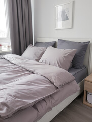 Modern bedroom with cozy bedding in soft lavender pastel tone, featuring pillow, blanket and framed artwork on wall