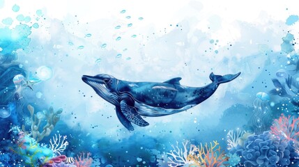 A majestic whale swimming gracefully in the ocean. Suitable for marine-themed designs