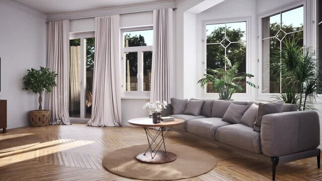 Living room inside a mansion with large decorative windows, terrace doors leading to big garden outside, large gray sofa, long curtains and round wooden table. 3D render.