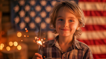 Youthful Joy on Independence Day: Boy with Sparkler, USA Flag Backdrop. - obrazy, fototapety, plakaty