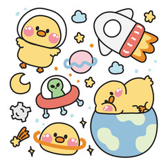 Set of cute chicken various poses in space concept.Farm animal character cartoon design.Planet,galaxy,moon,star,rocket,earth,alien drawn collection.Kawaii.Vector.Illustration - obrazy, fototapety, plakaty