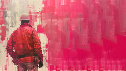 Pink sketch of a construction man on the job site, labor builder worker