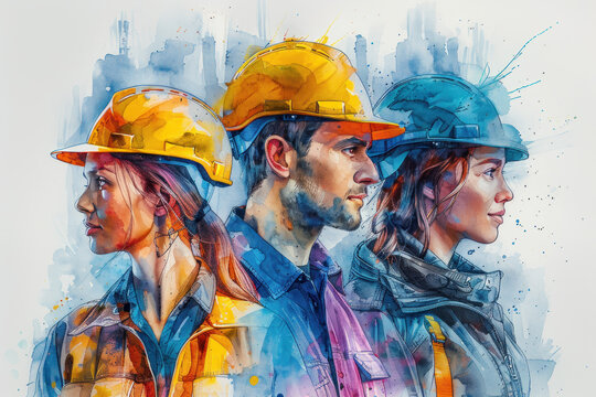 Blue watercolor painting of diverse workers in different uniforms