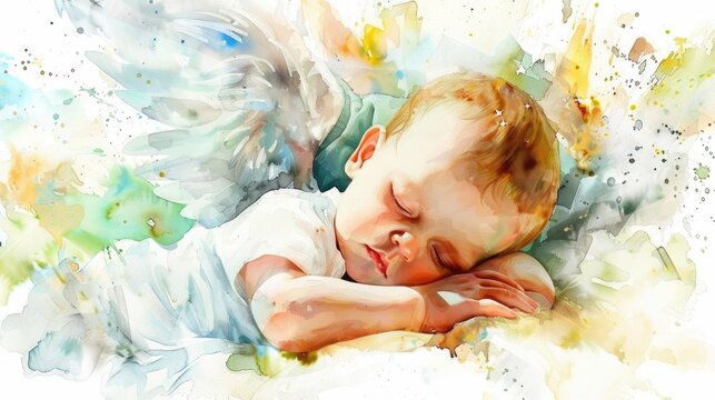 A peaceful image of a sleeping baby with angel wings, perfect for baby products or nursery decor