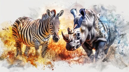 Obraz premium A group of zebras and a rhino in a natural field setting. Ideal for wildlife and nature concepts