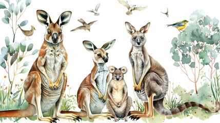 A group of kangaroos standing together. Perfect for wildlife and nature concepts