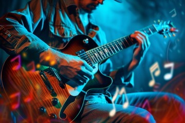Guitarist playing guitar with musical notes in background
