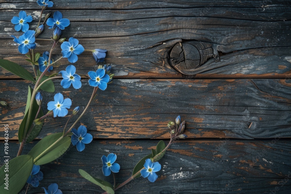 Poster bright blue flowers arranged on a rustic wooden table, perfect for adding a pop of color to any desi