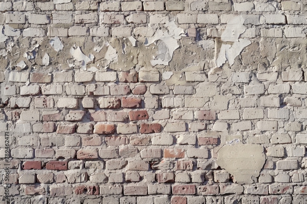 Poster a weathered brick wall with peeling paint. suitable for background or texture use
