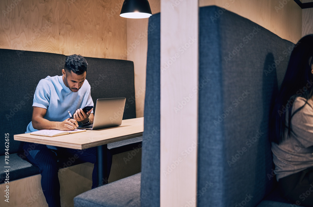 Poster businessman, reading and writing with phone in diary for research, schedule or reminder on deadline 