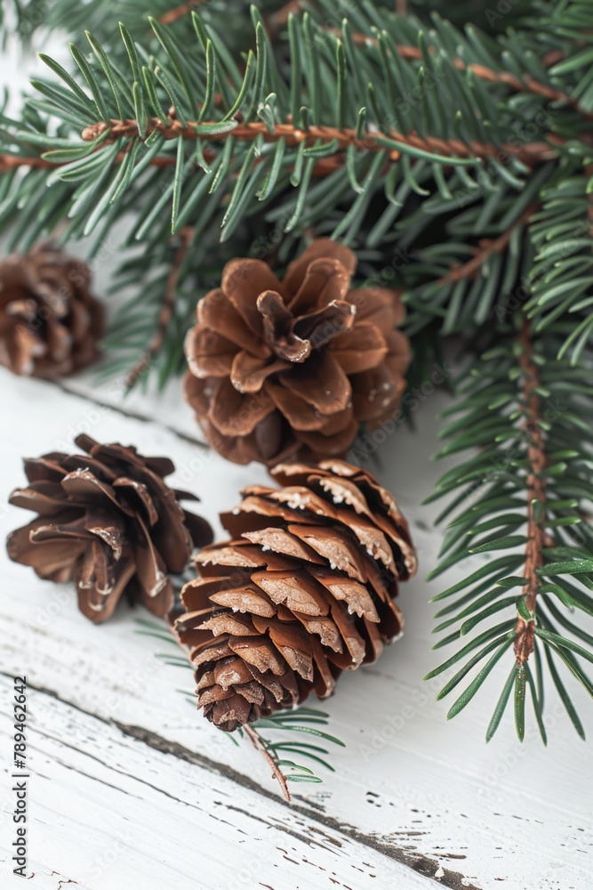 Poster pine cones and branches on rustic wooden surface, suitable for nature or holiday themed projects