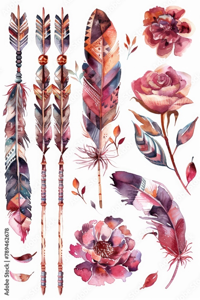 Poster a beautiful collection of watercolor feathers and flowers. perfect for various design projects