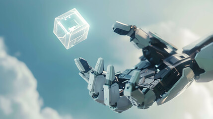 Fototapeta premium Hand of robotic holding cube represent a larger amount of data and more modern technology