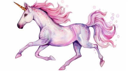 A beautiful watercolor painting of a unicorn in motion. Perfect for fantasy and children's themes