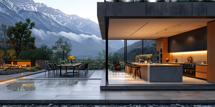  Modern luxury interior with panoramic windows overlooking the snowcapped mountains, living room and kitchen in one space, marble floor tiles, dark gray walls. Created with Ai