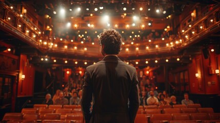 Fototapeta premium The Comedy Routine, bustling comedy club, a stand-up comedian, and clever punchlines, leave the audience roaring with laughter, Generated AI.