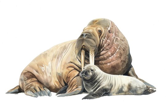 A beautiful painting of a walrus and a baby seal. Perfect for wildlife enthusiasts and animal lovers