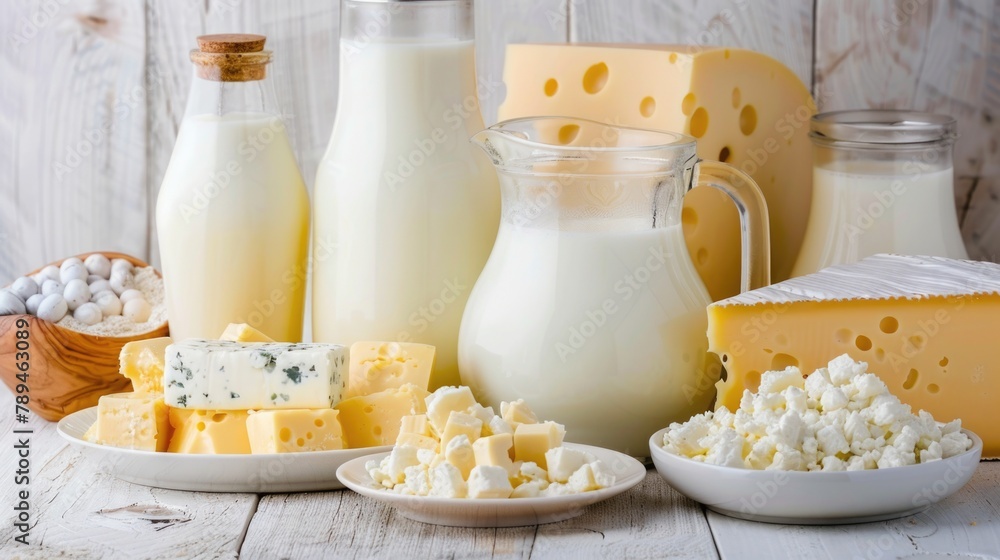 Poster various dairy products displayed on a table, suitable for food and nutrition concepts