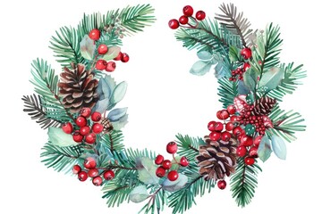 Fototapeta na wymiar Watercolor illustration of a festive Christmas wreath with pine cones and berries. Perfect for holiday designs