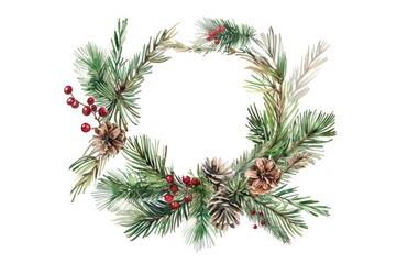 Watercolor painting of a festive wreath with pine cones and berries. Perfect for holiday designs