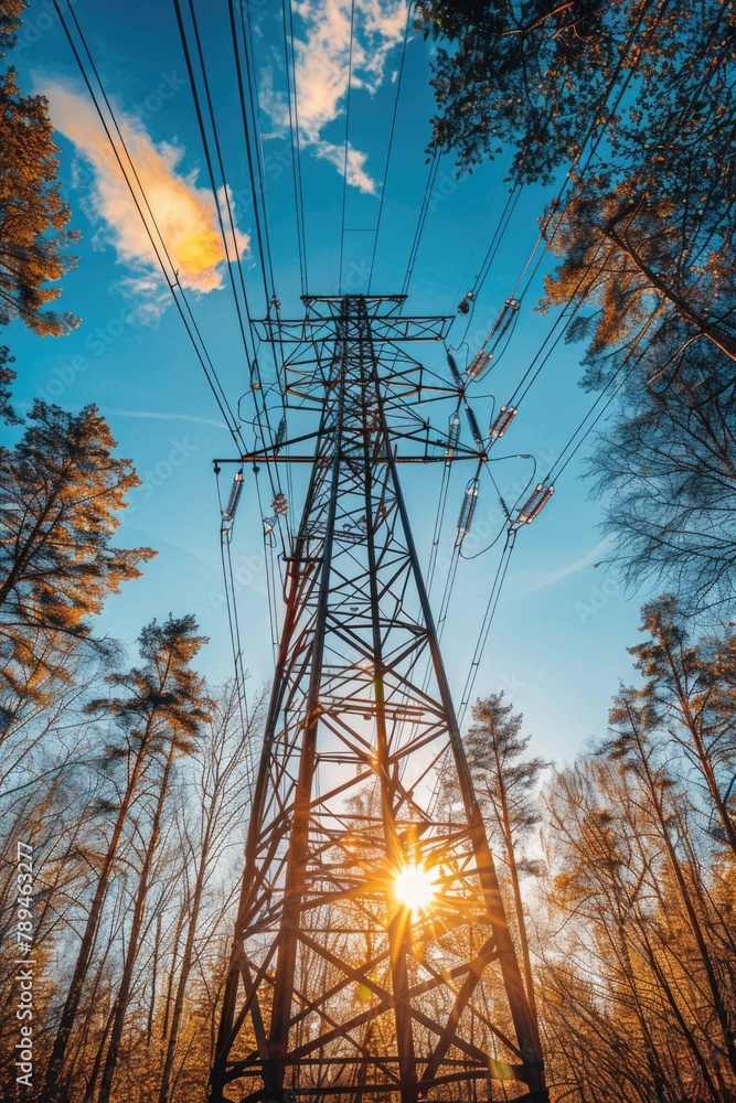 Aufkleber Sun setting behind a power line, suitable for energy and environment concepts