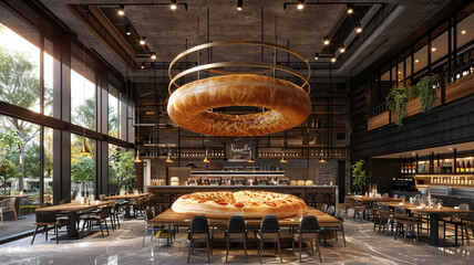coffee shop interior with a large pizza hanging from the ceiling generativa IA - obrazy, fototapety, plakaty